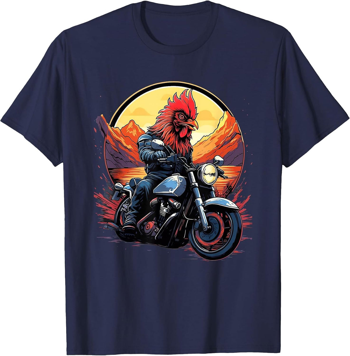 Biker Rooster Riding Motorcycle T-Shirt - Navy Blue