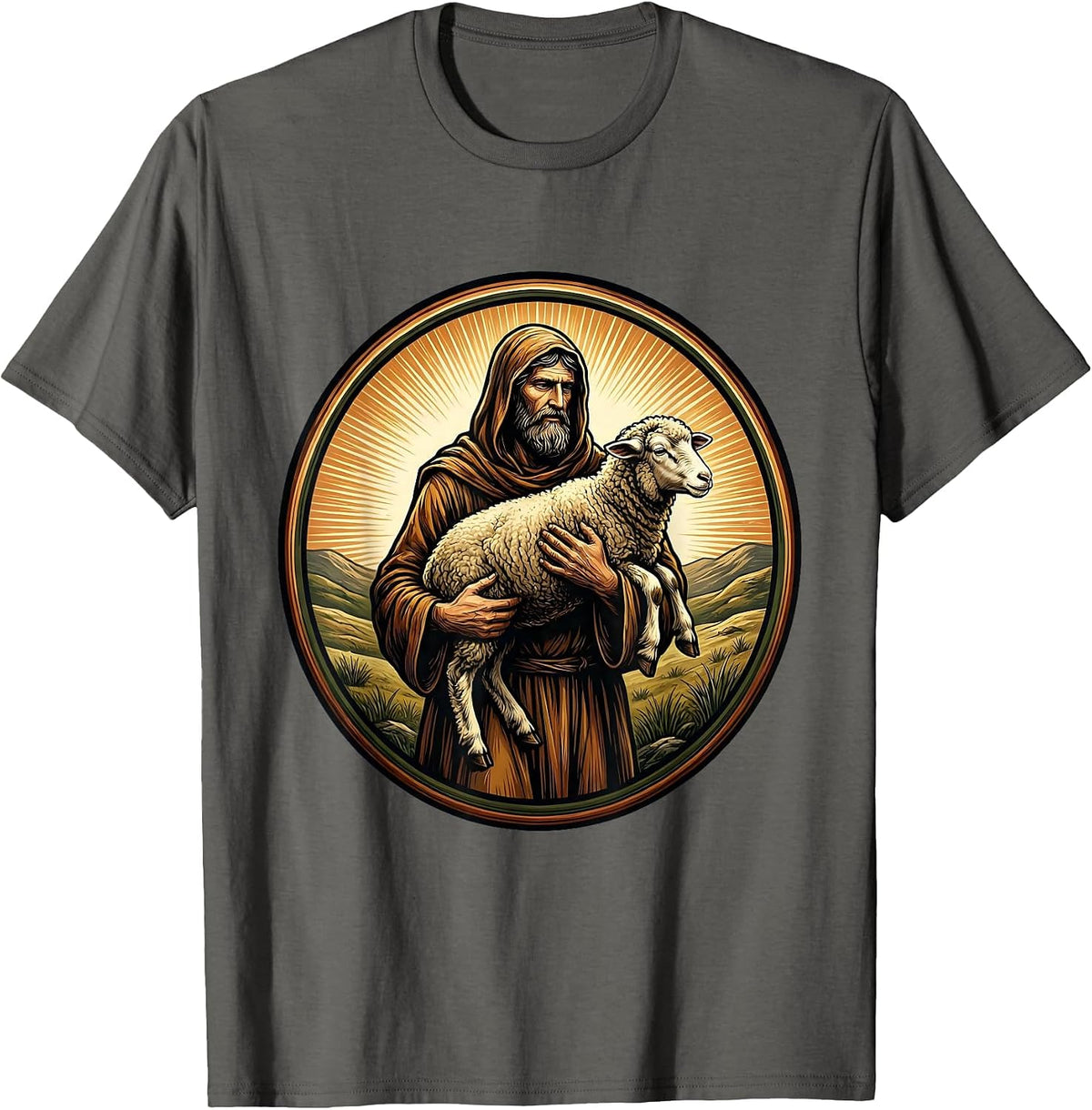 Shepherd Carrying Lost Sheep Christian Graphic T-Shirt - Asphalt Grey