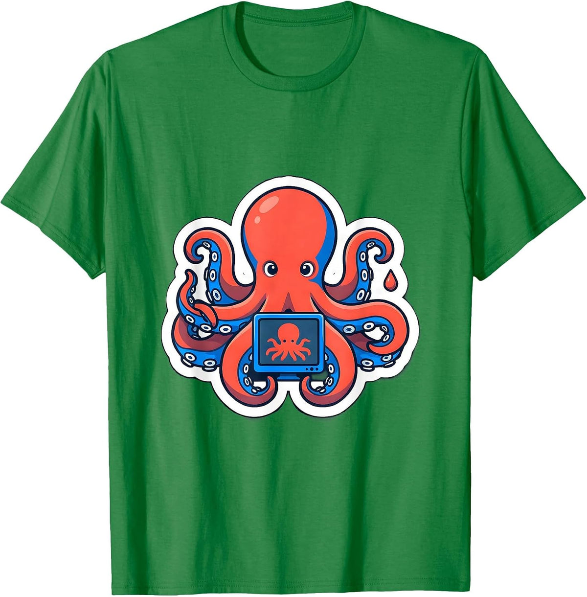 Men's Compact Octopus Sticker Style Vintage Ocean Lover T-Shirt - Kelly Green