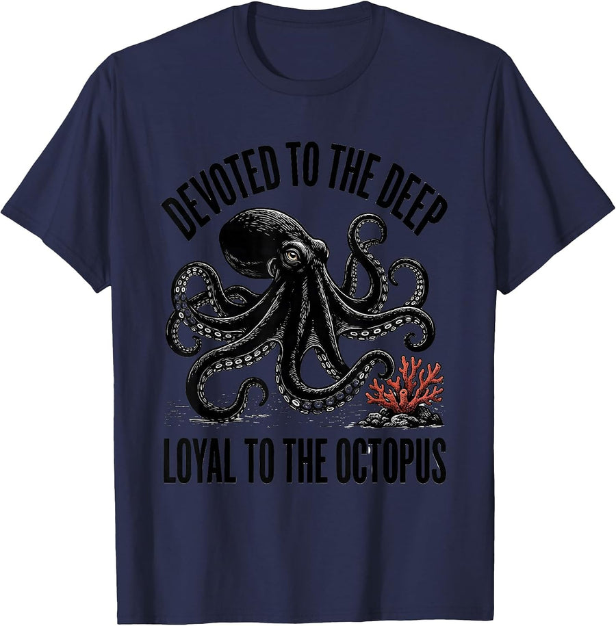 Devoted to the Deep Loyal to the Octopus Ocean Animal Lover T-Shirt - Navy Blue