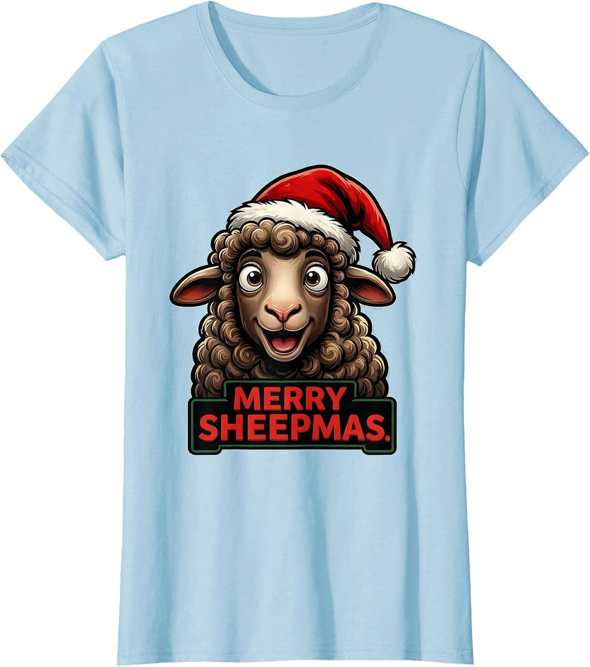 Merry Sheepmas Cartoon Sheep Santa Hat Christmas Animal T-Shirt - Baby Blue