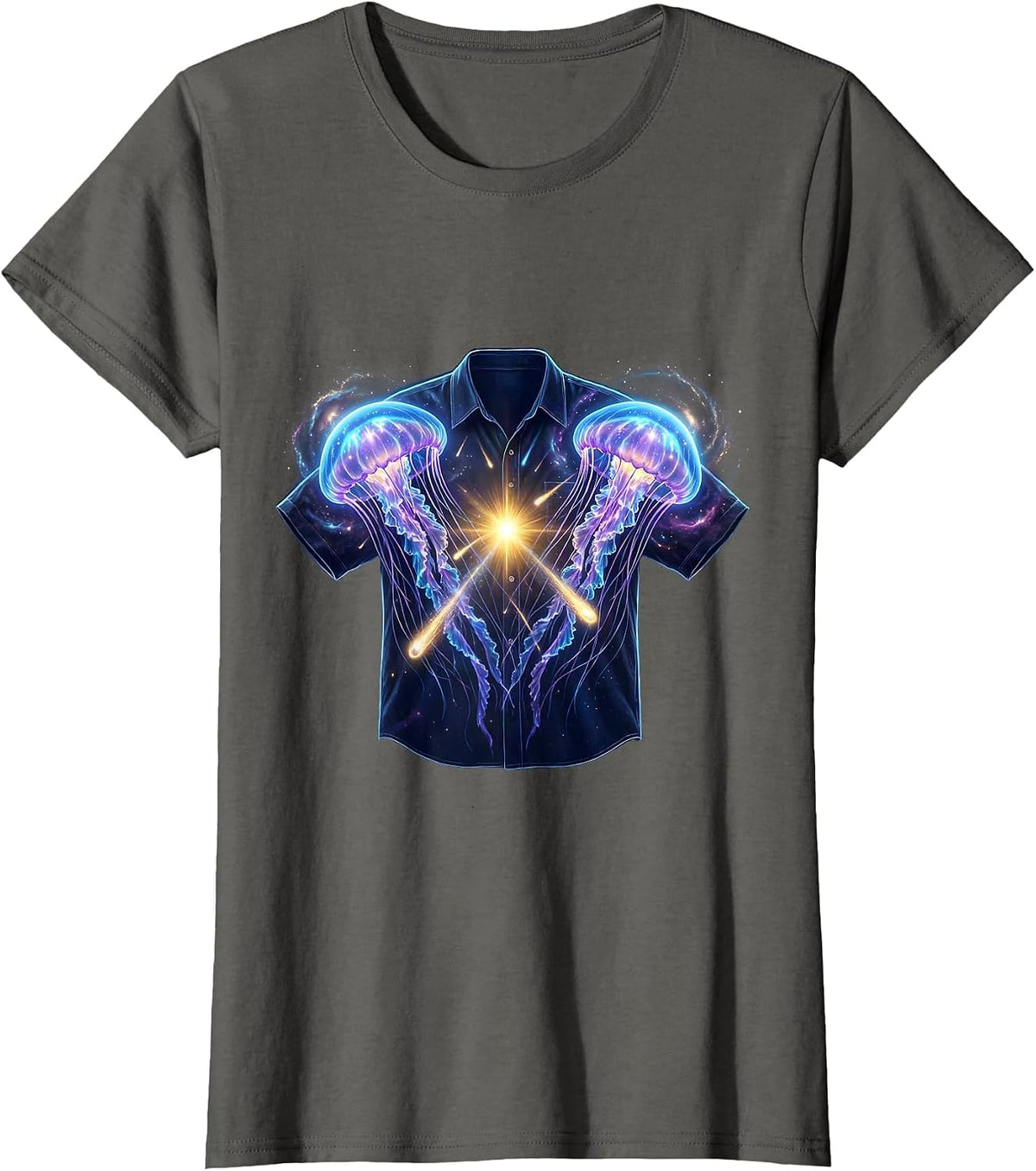 Women's Celestial Jellyfish Cosmic Matching Halloween Couple T-Shirt - Asphalt Grey