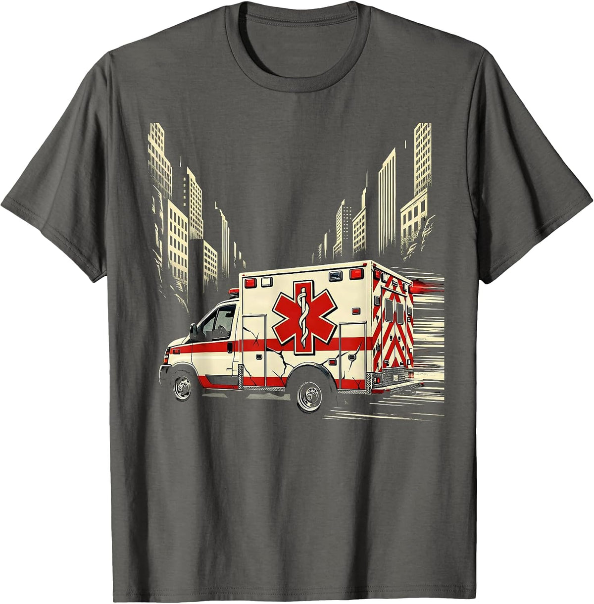 EMT Ambulance Speeding Through City at Night T-Shirt - Asphalt Grey