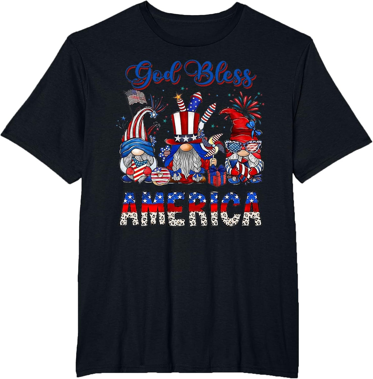 God Bless America Gnomes American Flag 4th of July Patriotic T-Shirt - Black