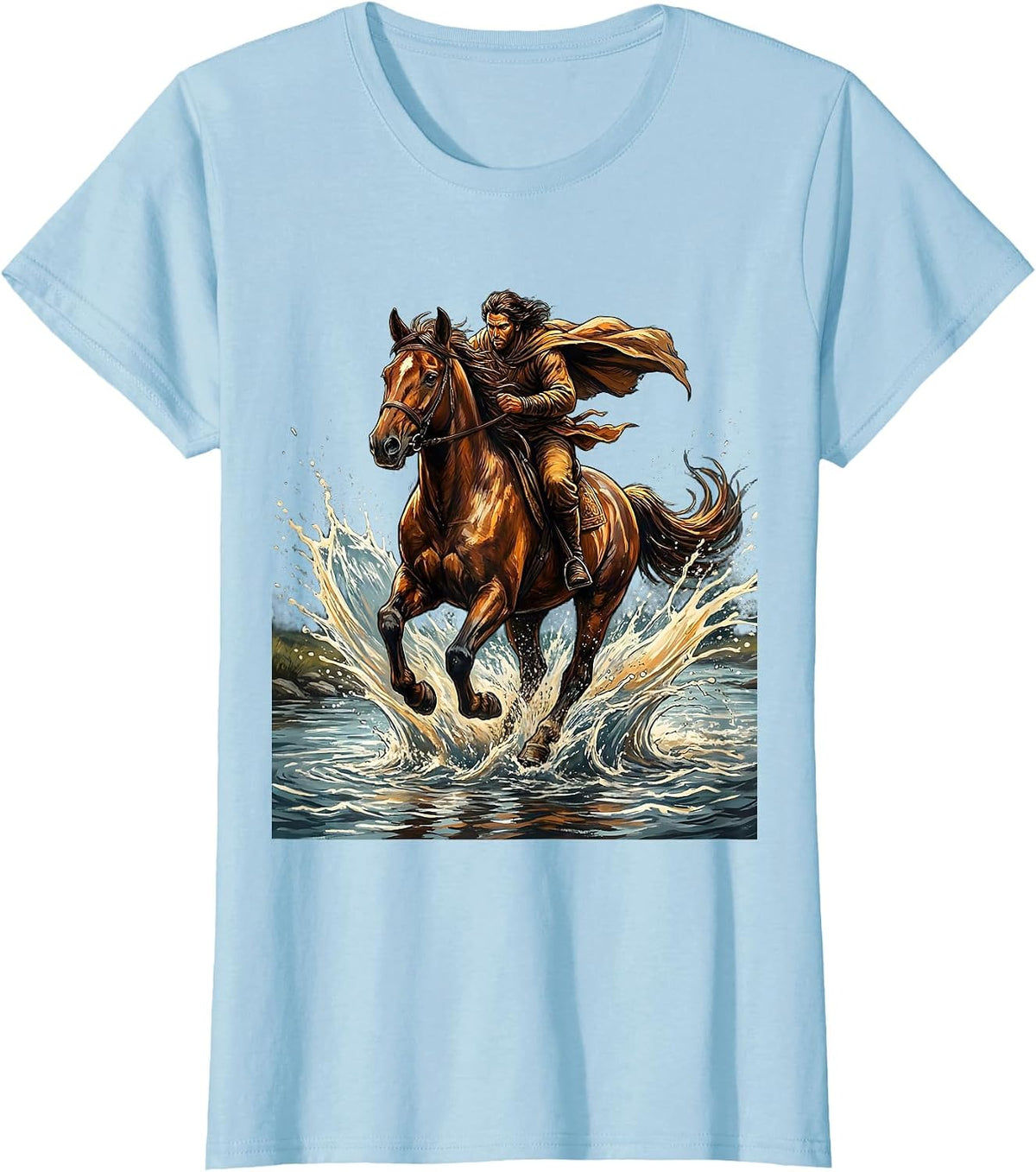 Horse and Rider River Crossing Illustration T-Shirt - Baby Blue