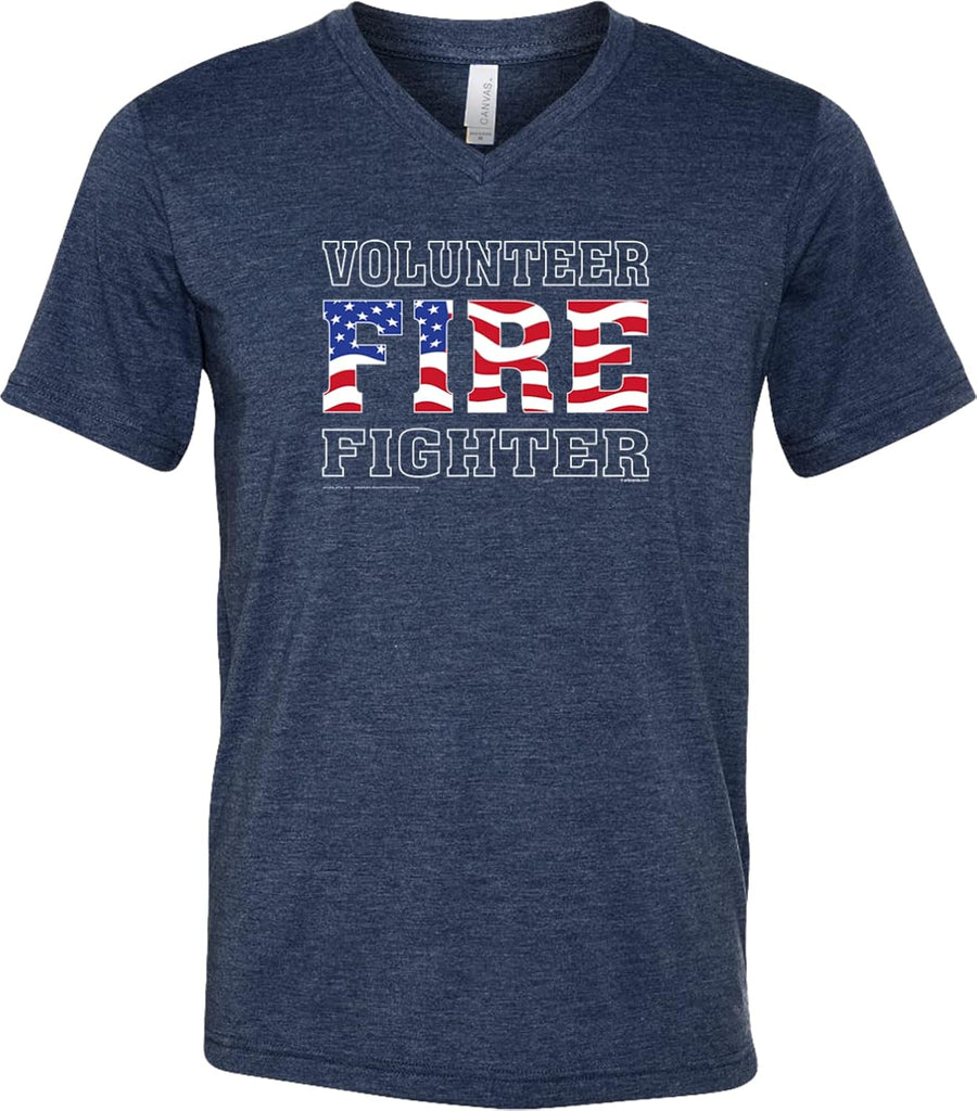 Volunteer Firefighter US Flag Tri Blend V-Neck Shirt - Navy