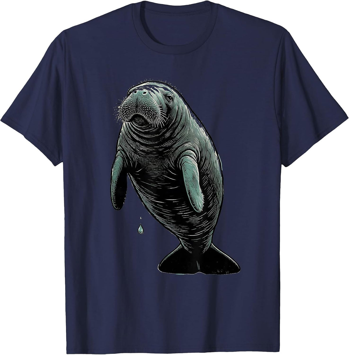 Manatee Linocut Novelty Sea Animal Lover Humor T-Shirt - Navy Blue