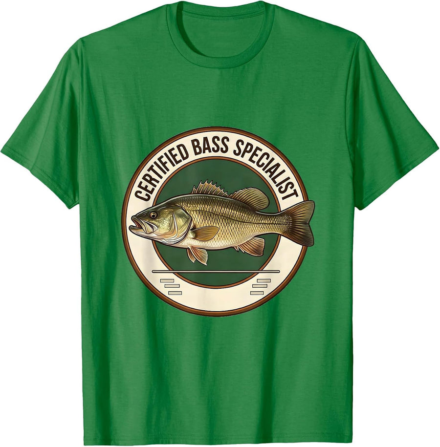 Men's Certified Bass Specialist Funny Bass Fishing Humor T-Shirt - Kelly Green