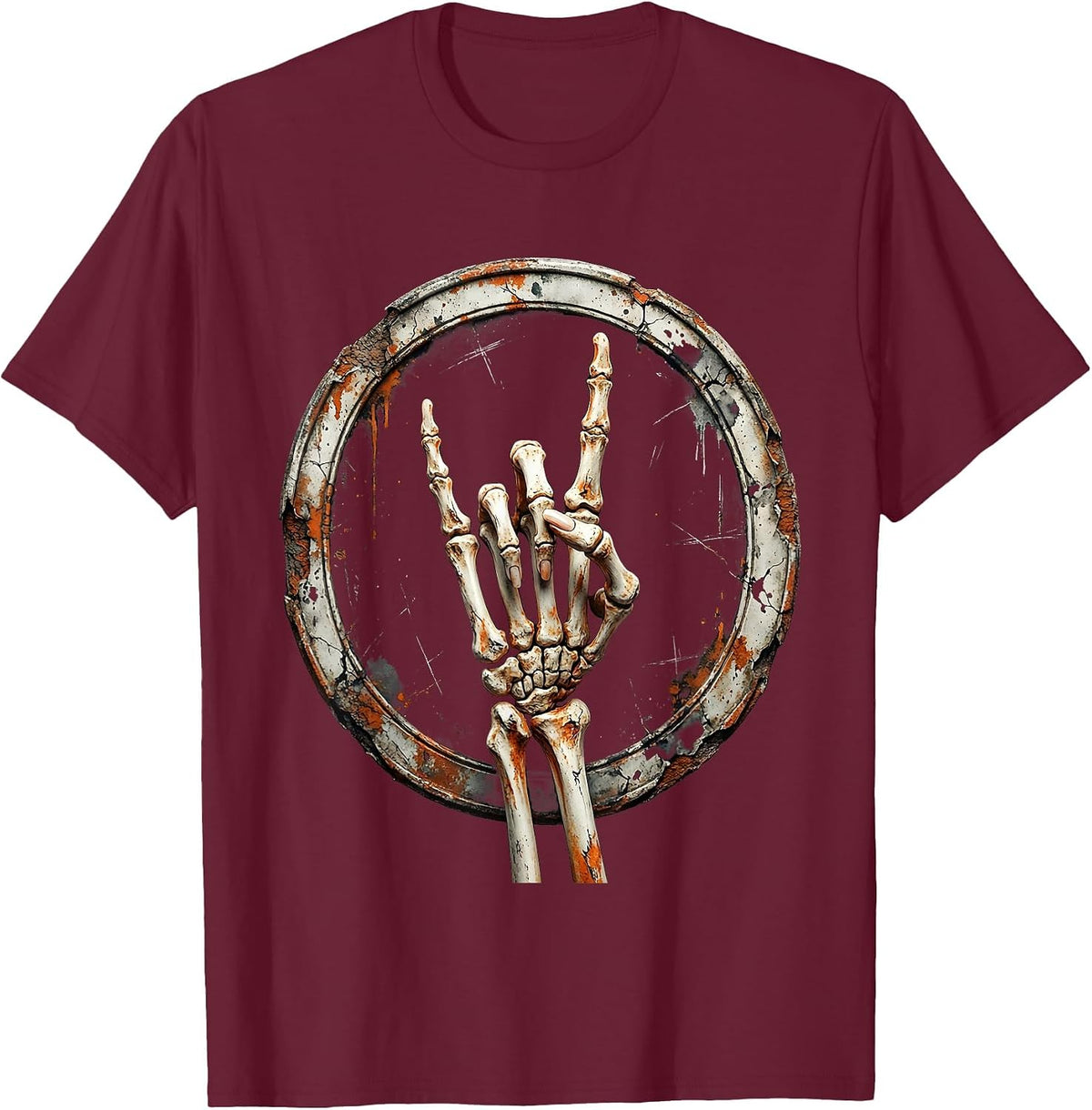 Skeletal Devil Horns Punk Rock Hand Sign T-Shirt - Burgundy