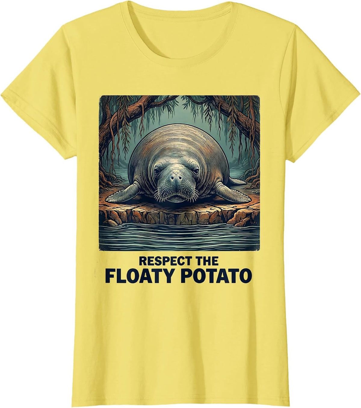 Respect The Floaty Potato Vintage Manatee Wildlife Lover T-Shirt - Lemon Yellow