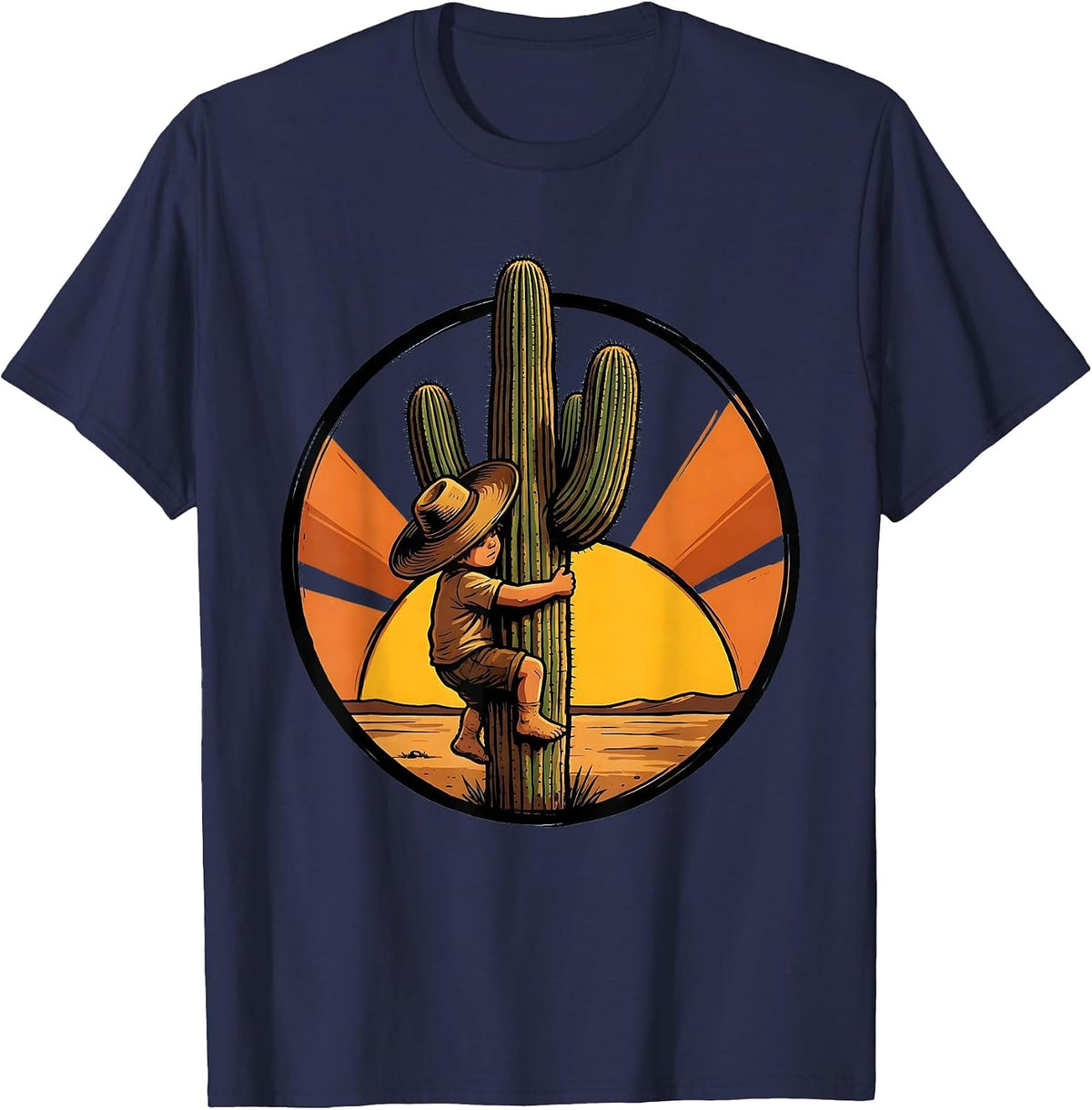 Mexican Boy Climbing Cactus Sunset Graphic Design T-Shirt - Navy Blue