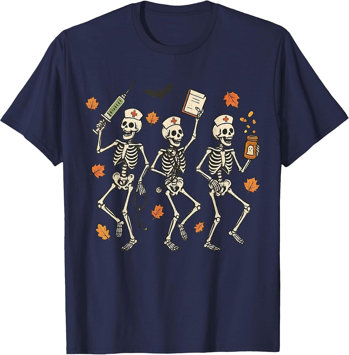 Funny Halloween Nurse Skeleton Dancing Spooky Season T-Shirt - Navy Blue