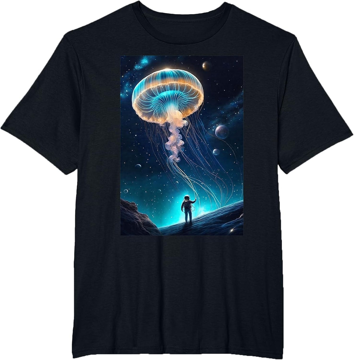 Trippy Astronaut Jellyfish Cosmic Space Aquarium Graphic T-Shirt - Black