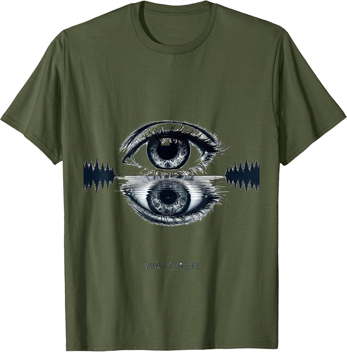 Watcher Minimalist Nature Reflection Forest Wildlife Outdoor T-Shirt - Olive Green