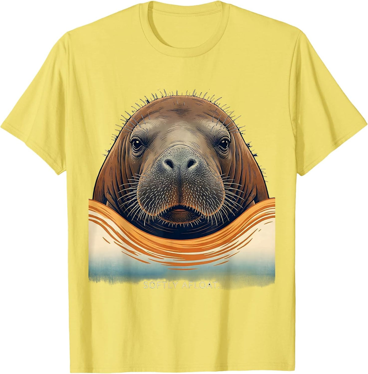 Men's Softly Afloat Ukiyo-e Manatee Lover Floaty Potato Humor T-Shirt - Lemon Yellow