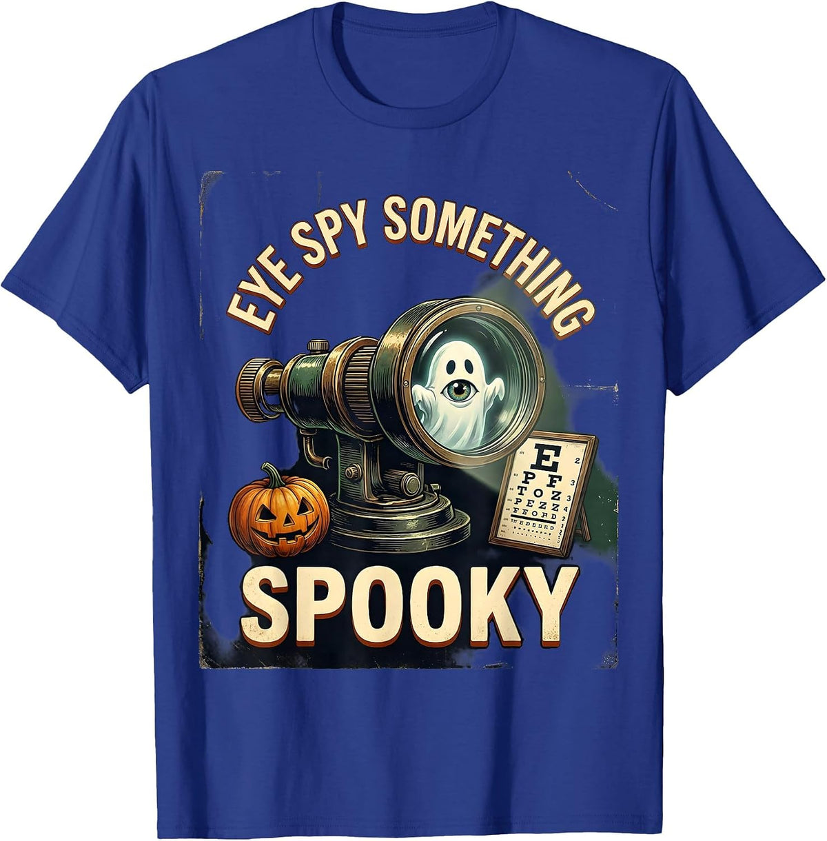 Men's Eye Spy Something Spooky Vintage Halloween Optometrist Eye T-Shirt - Royal Blue
