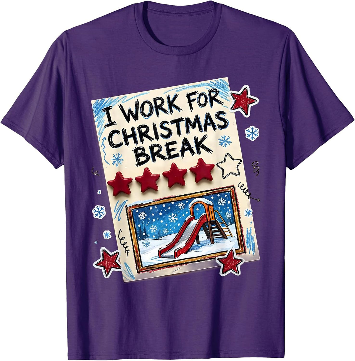 I Work For Christmas Break Naive Kidcore Teacher Winter T-Shirt - Purple