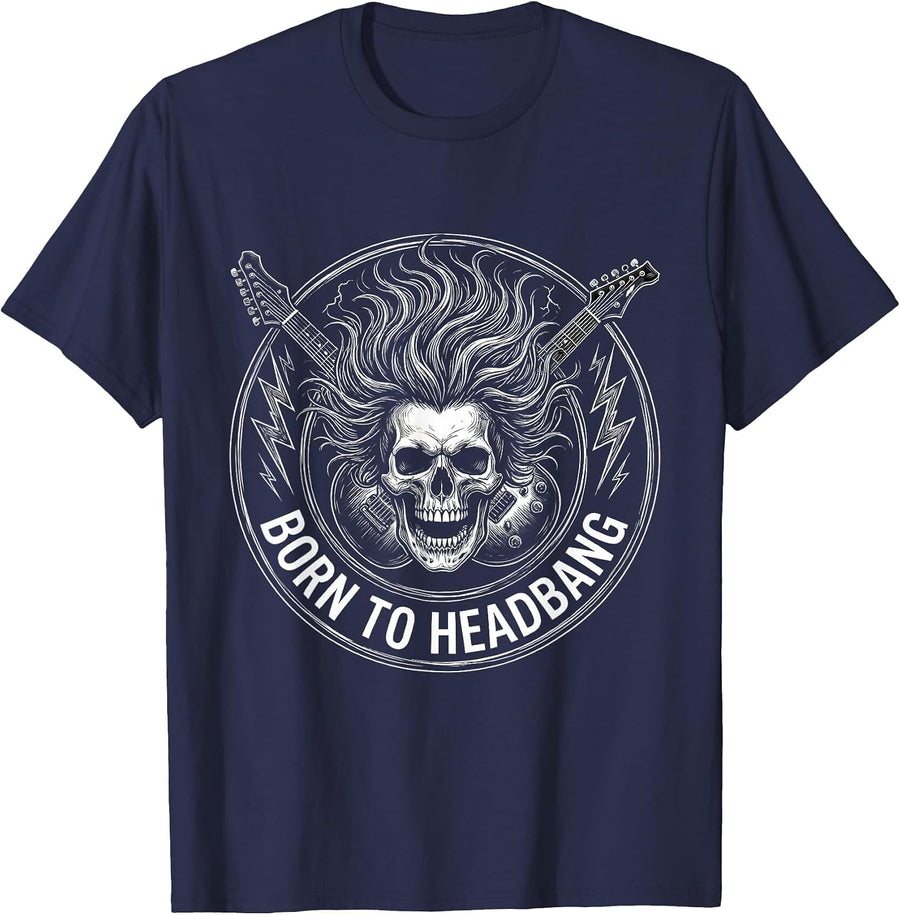 Born to Headbang Metal Music Graphic Design T-Shirt - Navy Blue