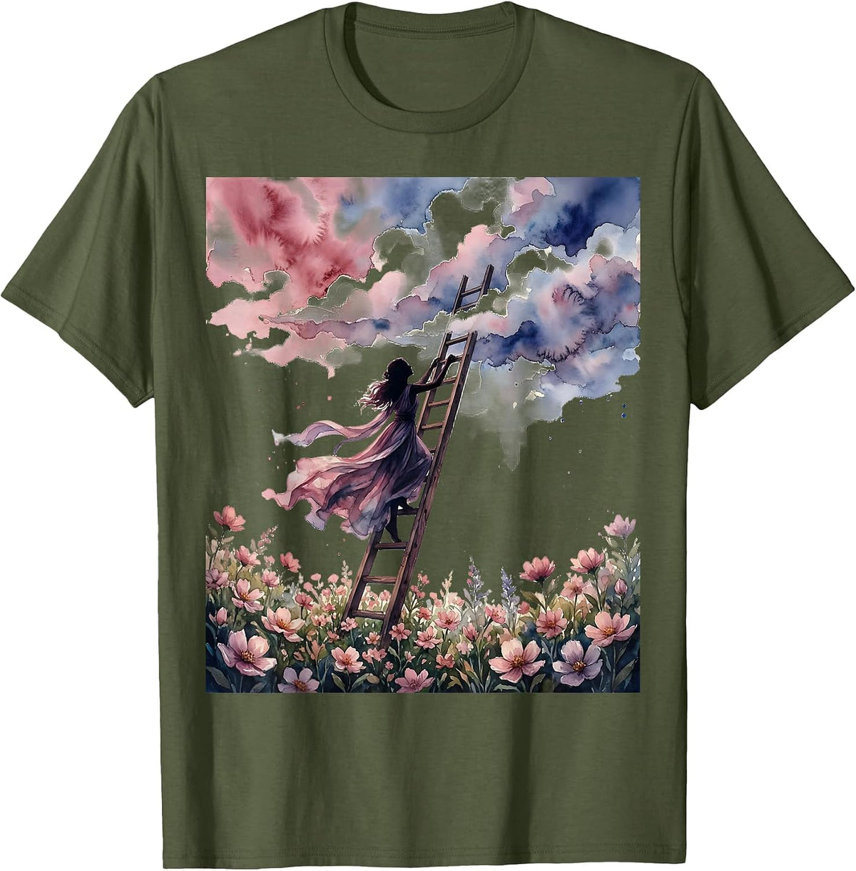 Woman Climbing Ladder Into Clouds College Art T-Shirt - Olive Green