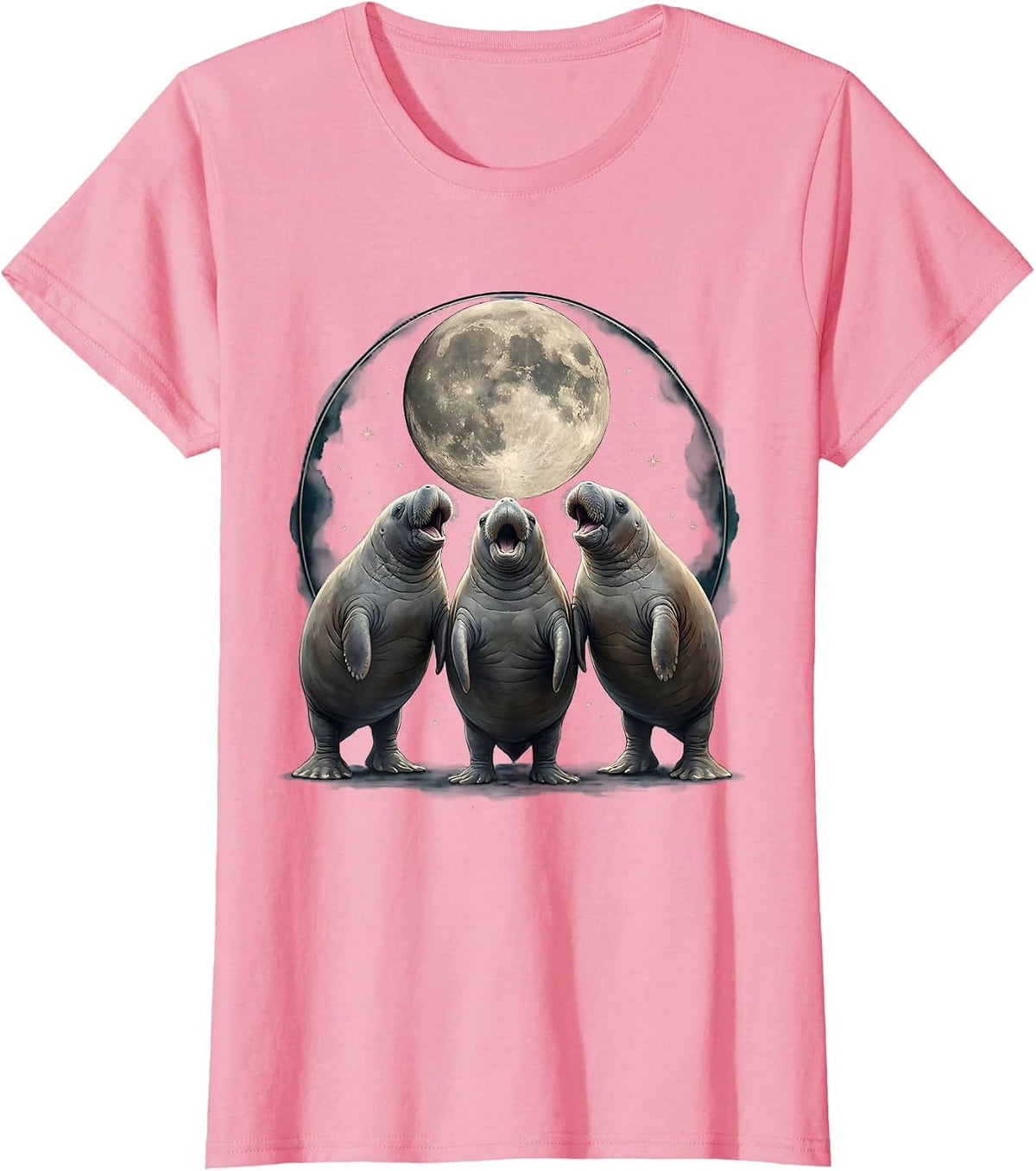 Women's Three Manatees Moon Howling At The Moon Meme Parody T-Shirt - Pink