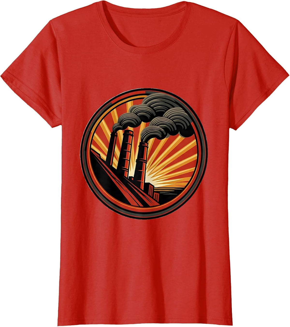 Factory Smokestack Fiery Sunset Labor Day Design T-Shirt - Red