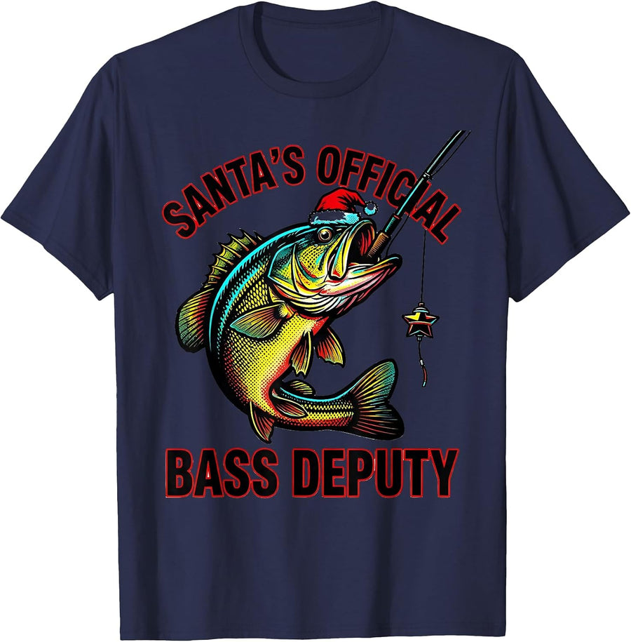 Santa's Official Bass Deputy Pop Art Christmas Fishing Humor T-Shirt - Navy Blue