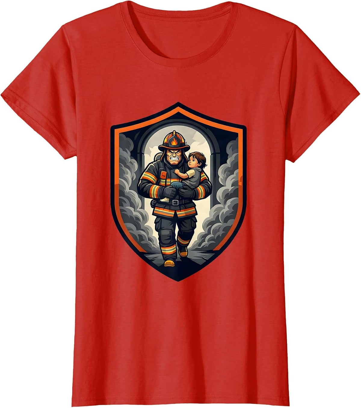 Firefighter Rescue Through Smoke Doorway T-Shirt - Red