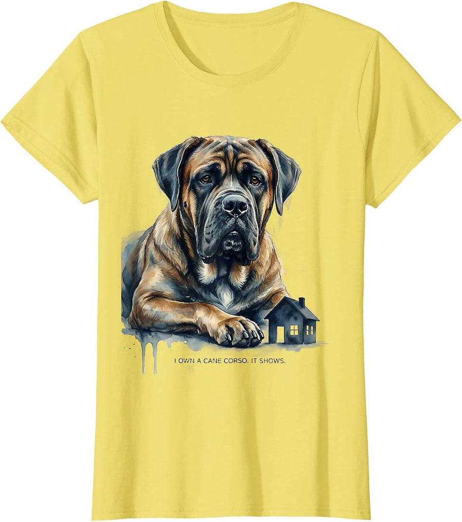 Women's I Own A Cane Corso It Shows Watercolor Dog Owner Humor T-Shirt - Lemon Yellow