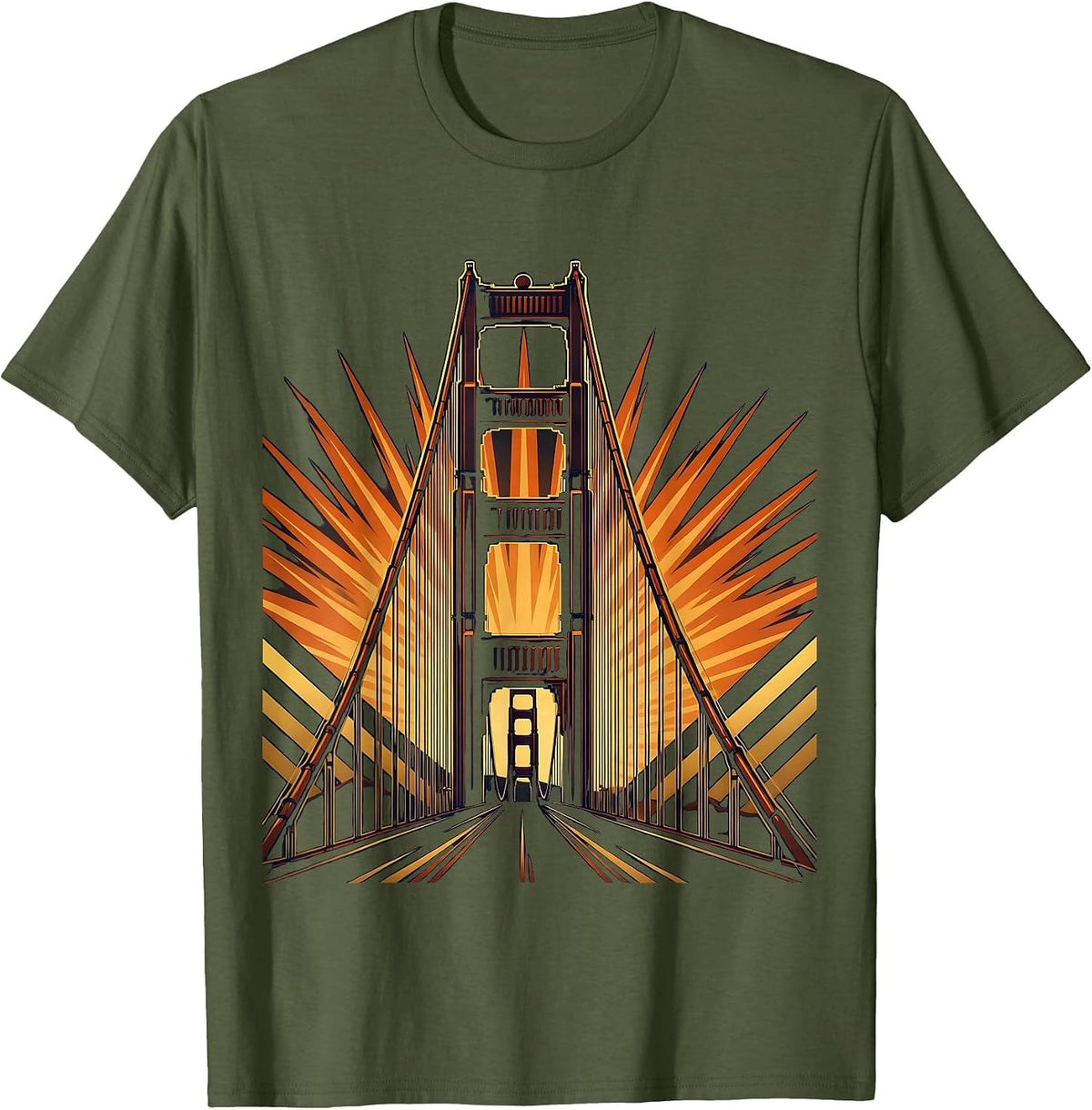 Golden Gate Bridge Dusk Illustration American Icon T-Shirt - Olive Green