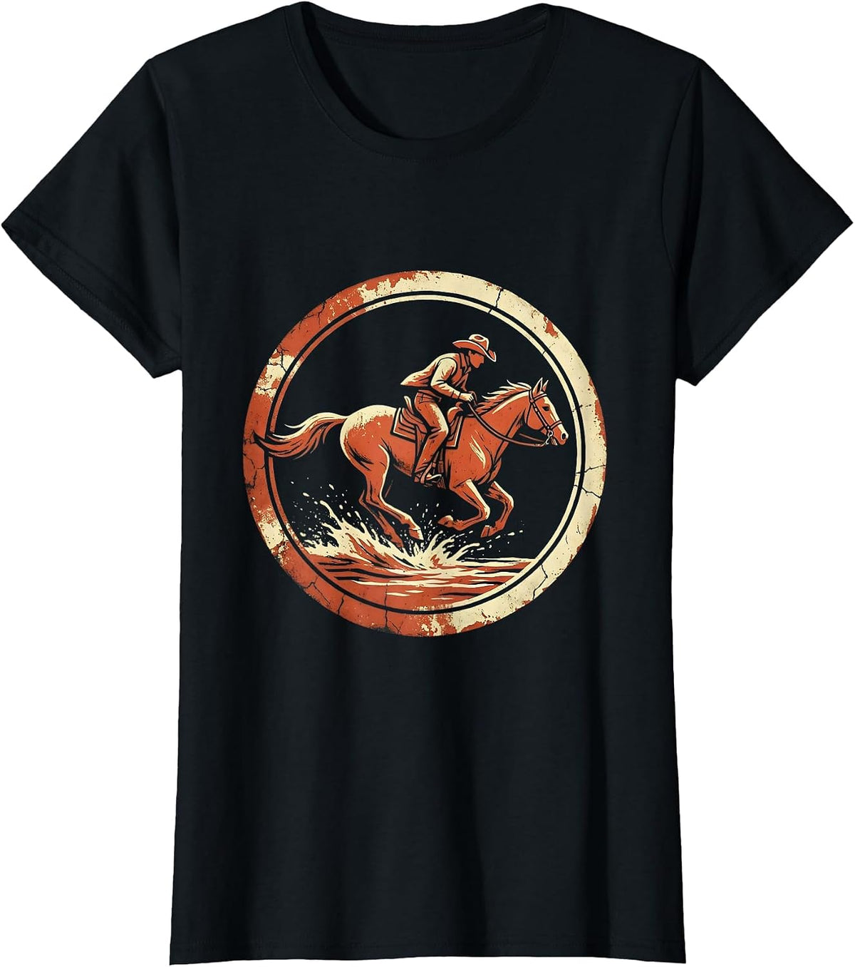 Cowboy Riding Horse Through River Splash USA T-Shirt - Black
