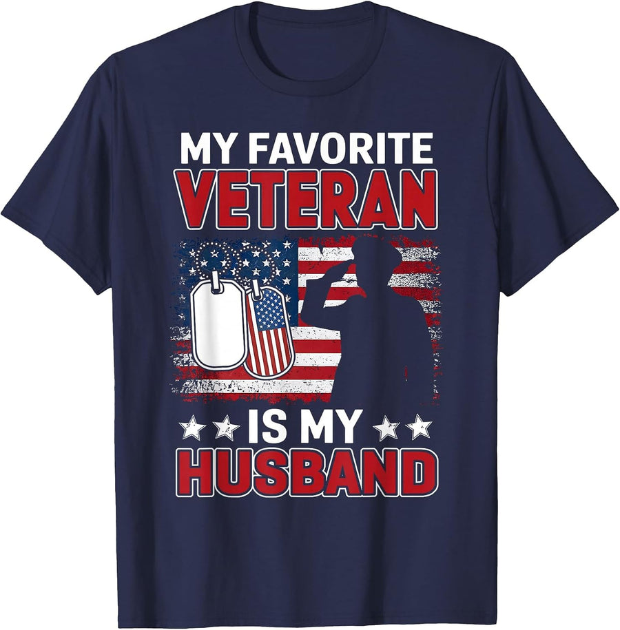 My Favorite Veteran is My Husband USA Flag Veterans Day T-Shirt - Navy Blue
