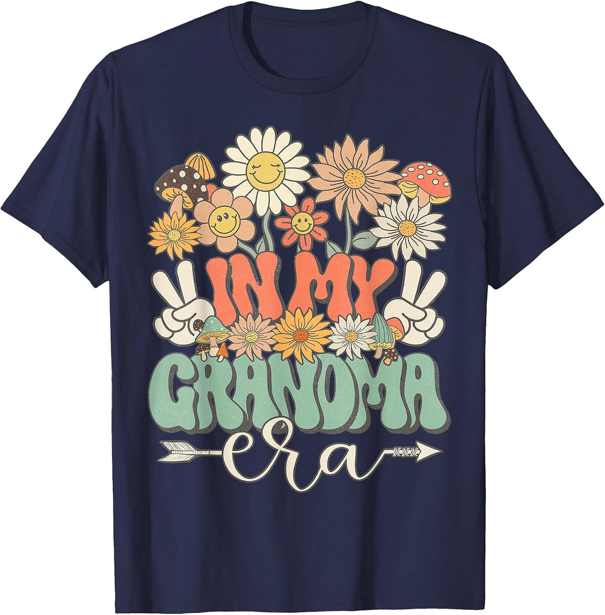 in My Grandma Era Floral Hippie Groovy Retro Matching Family T-Shirt - Navy Blue