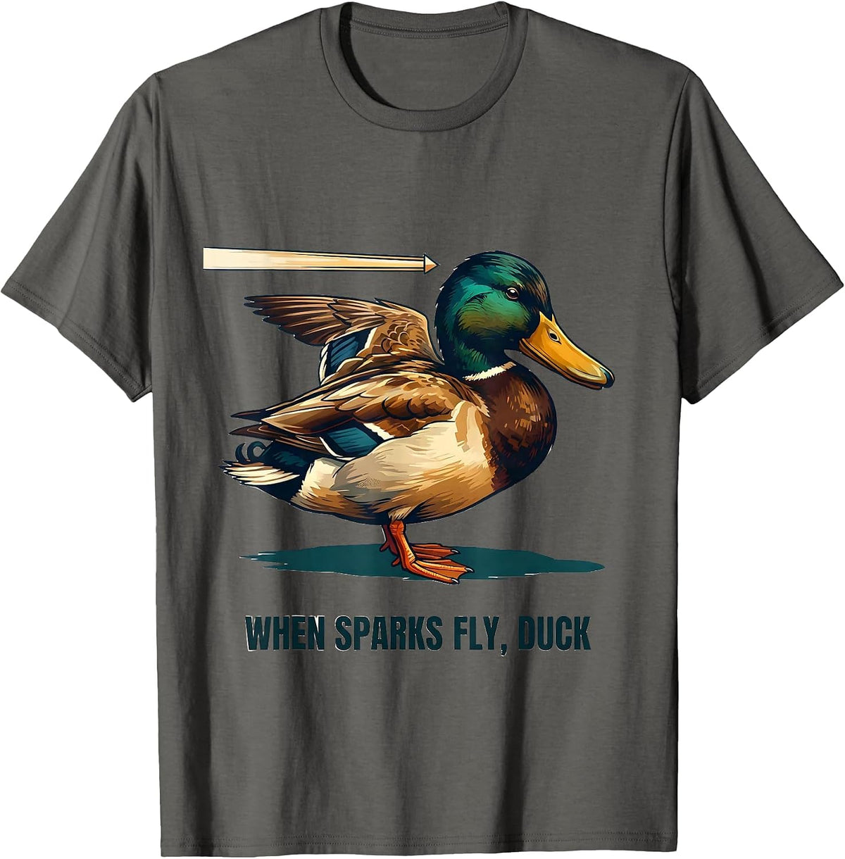Men's When Sparks Fly Duck Funny Novelty Gift for Duck Lovers T-Shirt - Asphalt Grey