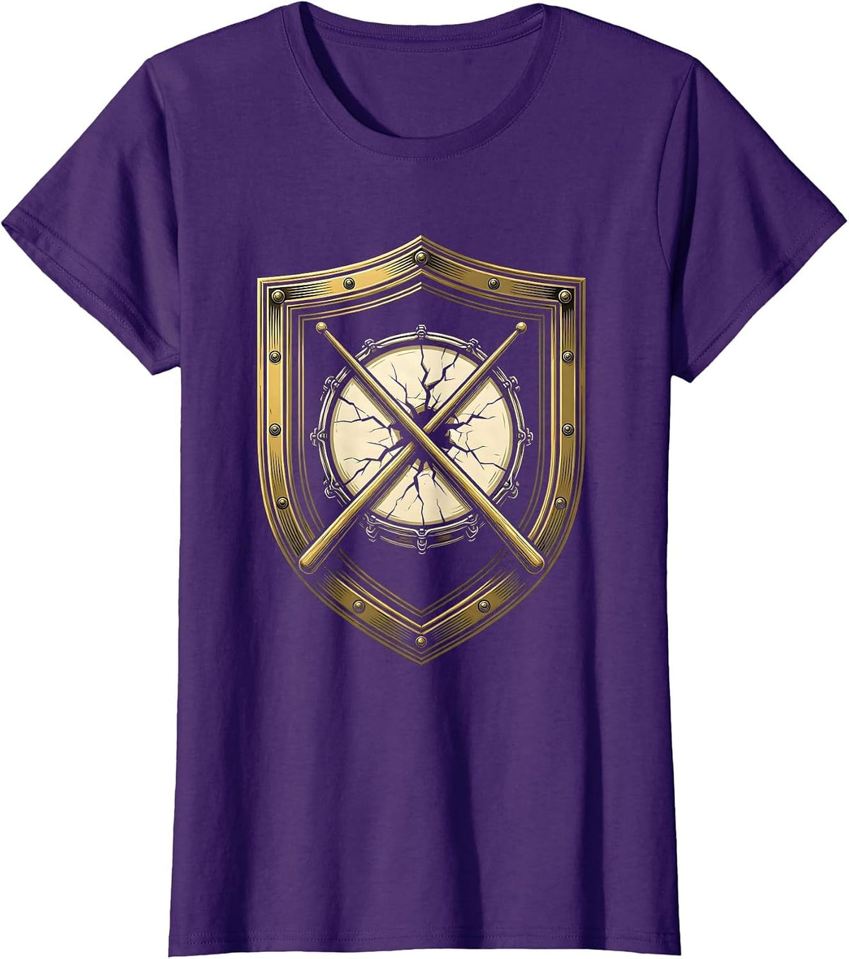 Women's Crossed Drumsticks Cracked Drum Rock Music Graphic T-Shirt - Purple