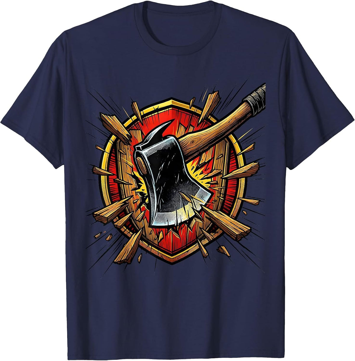 Men's Firefighter Axe Splitting Door Graphic Tee T-Shirt - Navy Blue