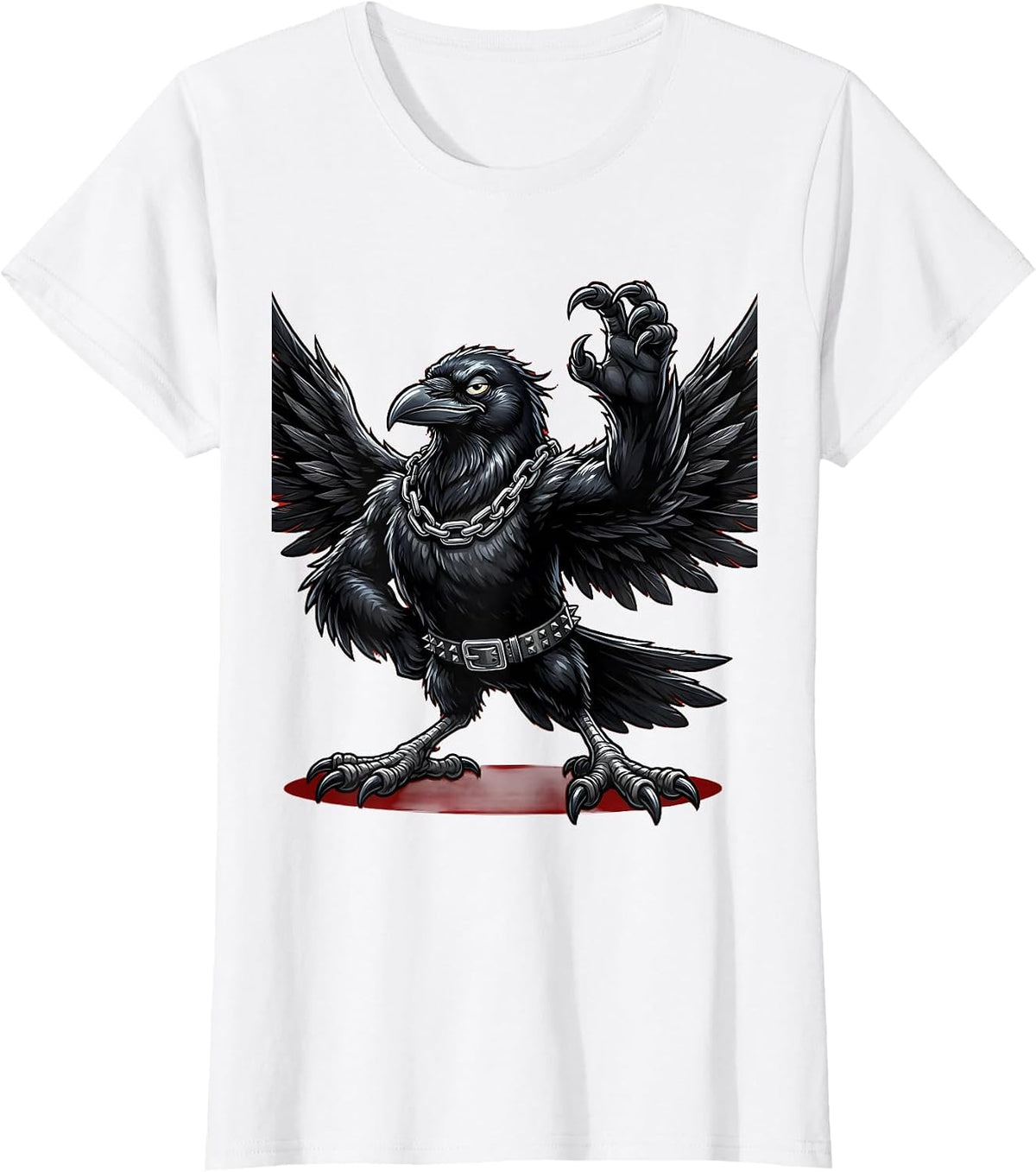 Women's Rebellious Crow Chains and Studded Belt Graphic T-Shirt - White