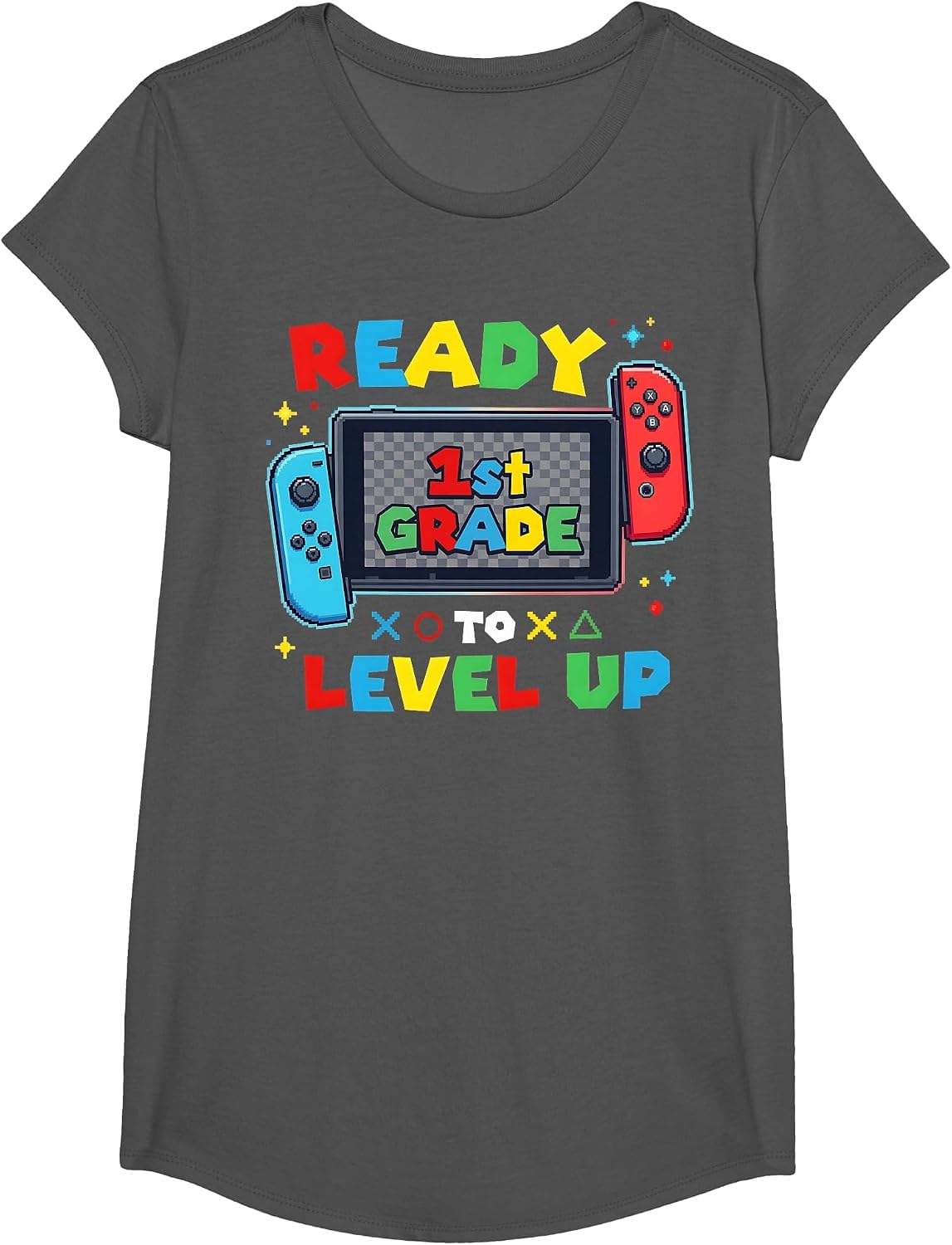 Level Up Gamer First Grade Boys Back to School 1st Grade Kid T-Shirt - Girls Asphalt Grey