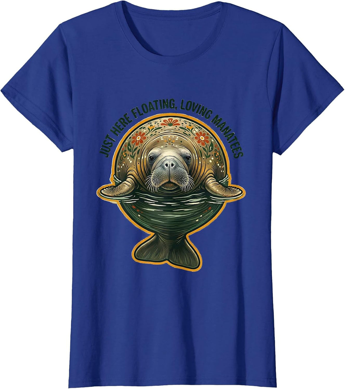 Women's Just Here Floating Loving Manatees Folk Art Florida Souvenir T-Shirt - Royal Blue