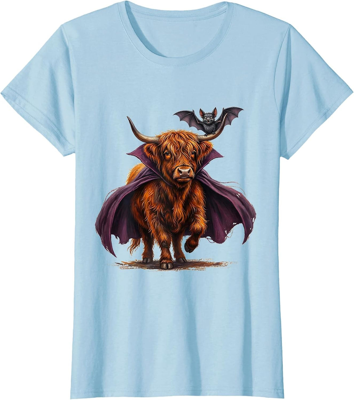 Shaggy Highland Cow Vampire Cape Funny Halloween T-Shirt - Baby Blue