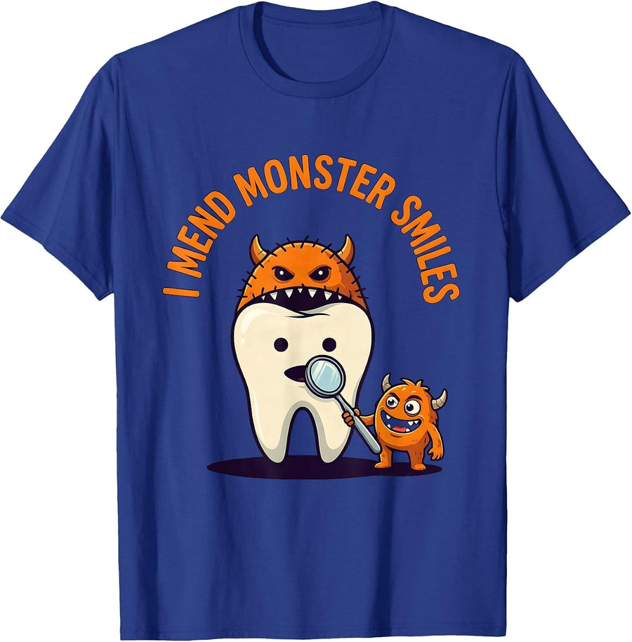 I Mend Monster Smiles Funny Dentist Halloween Dental Costume T-Shirt - Royal Blue