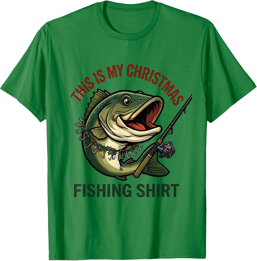 Men's This Is My Christmas Fishing Shirt Funny Bass Fisherman Ugly T-Shirt - Kelly Green