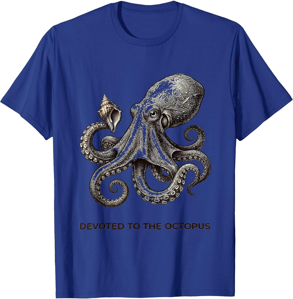 Men's Devoted to the Octopus Crosshatch Etching Octopus Lover T-Shirt - Royal Blue