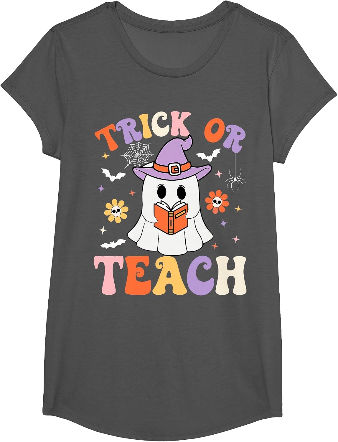 Trick Or Teach Teacher Groovy Ghost Funny Halloween Teacher T-Shirt - Girls Asphalt Grey
