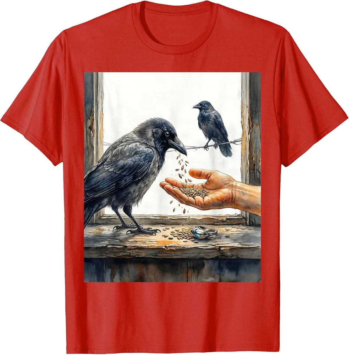 Men's Crow Raven Watercolor Gothic Dark Humor Bird Lover T-Shirt - Red