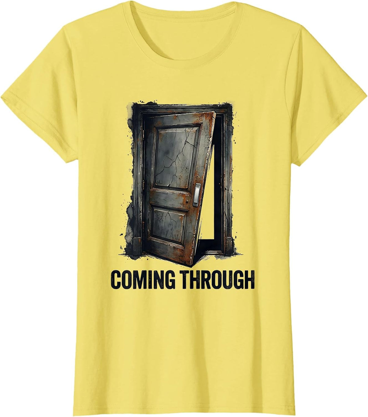 Women's Coming Through Distressed Kitchen Door Chef Humor T-Shirt - Lemon Yellow