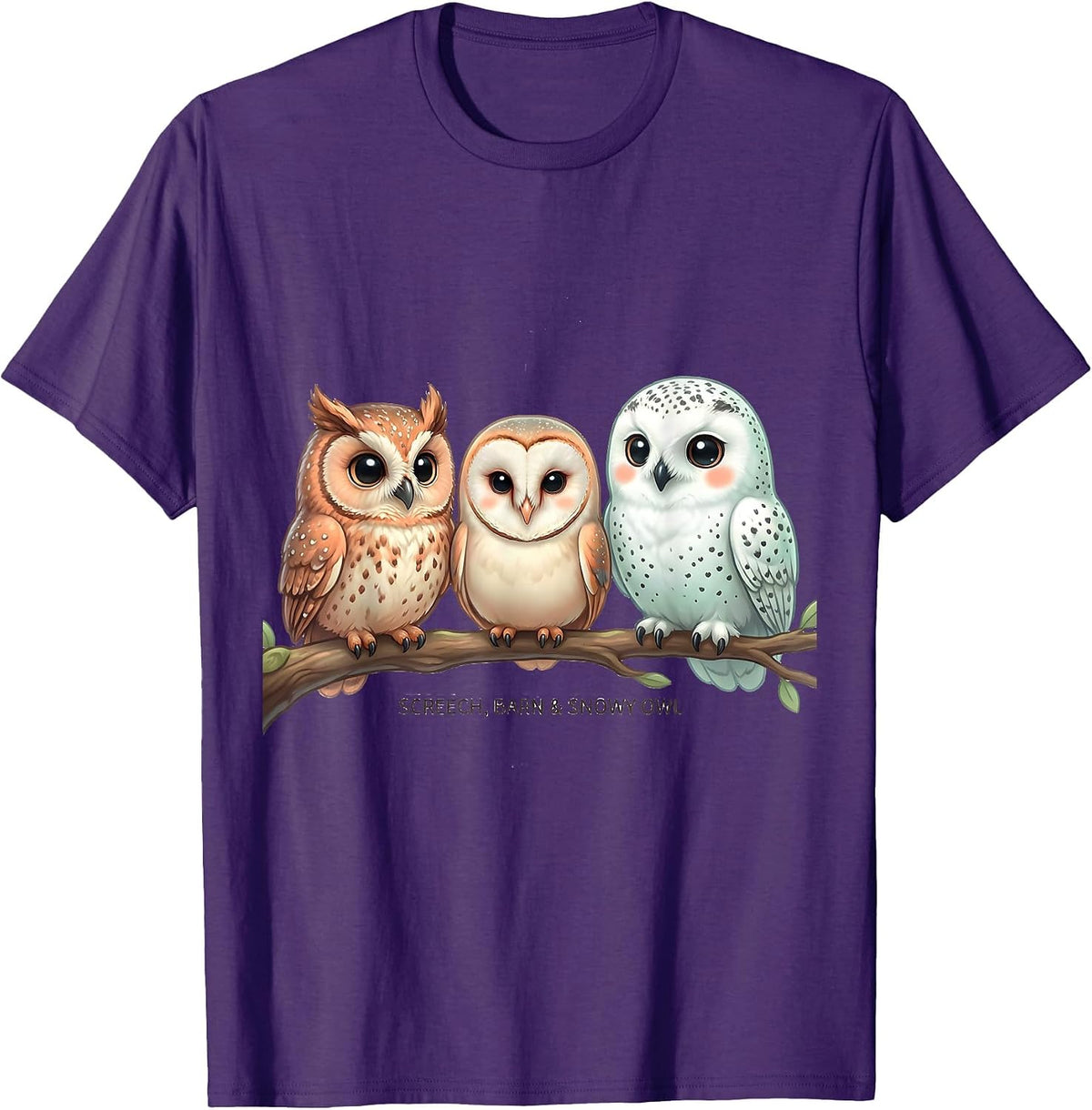 Screech, Barn & Snowy Owl Cute Kawaii Owl Lover Bird T-Shirt - Purple