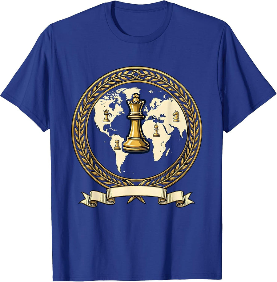 Global Chess Strategy World Map Illustration T-Shirt - Royal Blue