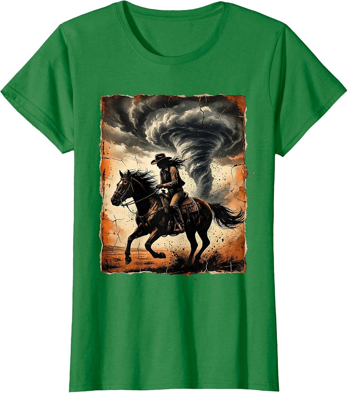 Women's Cowgirl Silhouette Riding Into Storm Clouds T-Shirt - Kelly Green