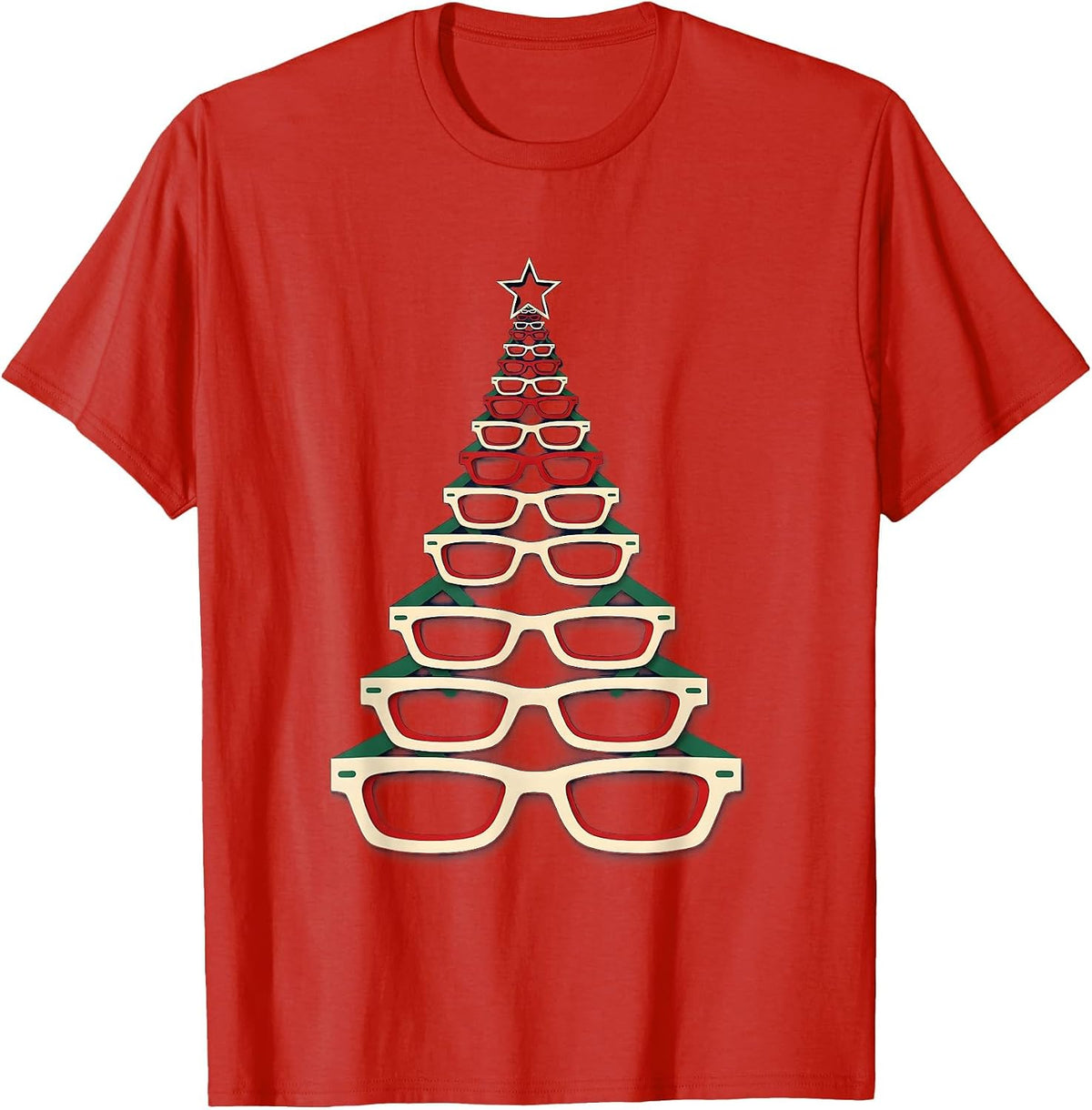 Men's Evergreen Spectacle Frame Geometric Optometrist Christmas T-Shirt - Red