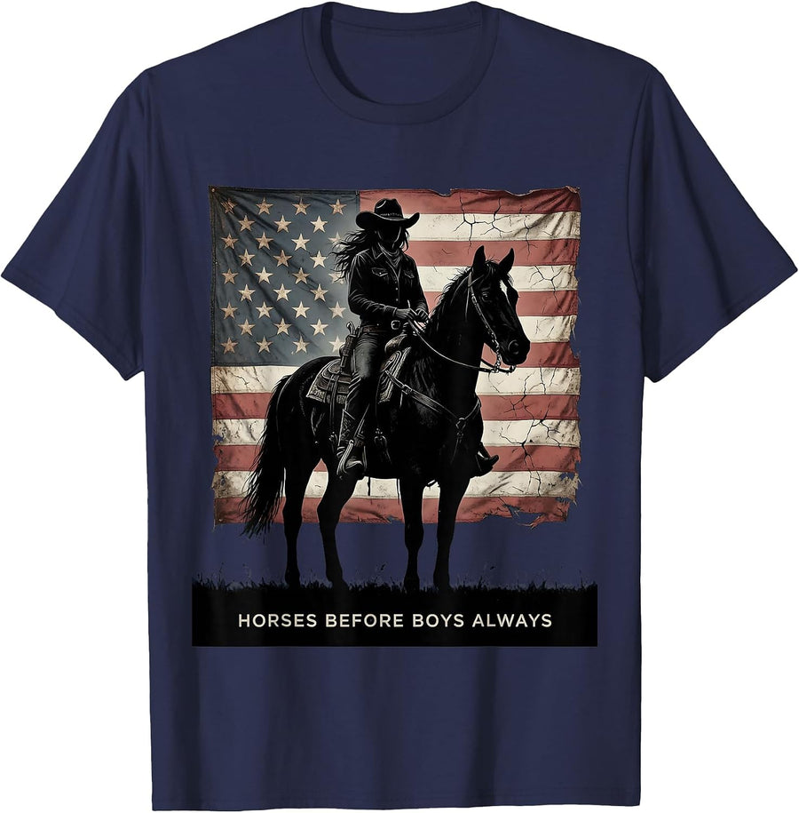 Horses Before Boys Always Cowgirl Design T-Shirt - Navy Blue